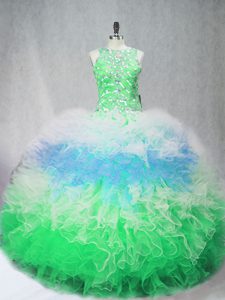 Scoop Sleeveless Ball Gown Prom Dress Floor Length Beading and Ruffles Multi-color Tulle