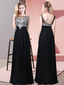 Fitting Floor Length Empire Sleeveless Black Prom Gown Backless