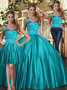 Teal Three Pieces Satin Halter Top Sleeveless Ruching Floor Length Lace Up Quinceanera Dress