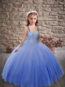 Custom Designed Blue Straps Neckline Beading Little Girls Pageant Gowns Sleeveless Lace Up