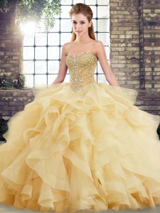 Super Gold Ball Gowns Tulle Sweetheart Sleeveless Beading and Ruffles Lace Up Ball Gown Prom Dress Brush Train