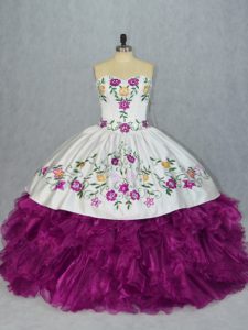 Trendy Fuchsia Organza Lace Up Sweetheart Sleeveless Floor Length Quinceanera Dresses Embroidery and Ruffles