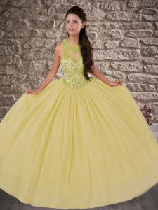 Gold Scoop Neckline Beading Quinceanera Dress Sleeveless Lace Up