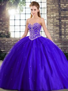 Fashionable Sweetheart Sleeveless Brush Train Lace Up Quinceanera Dress Blue Tulle