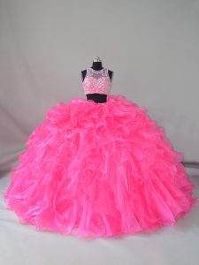 Classical Sleeveless Beading and Ruffles Zipper Sweet 16 Dress with Hot Pink Court Train