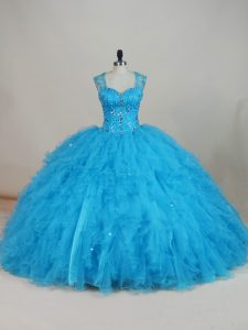 Baby Blue Zipper Straps Beading and Ruffles Sweet 16 Quinceanera Dress Tulle Sleeveless