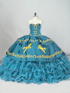 Shining Teal Sleeveless Embroidery and Ruffled Layers Lace Up Ball Gown Prom Dress