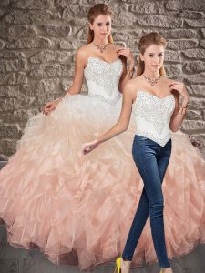 Sleeveless Organza Sweep Train Lace Up Sweet 16 Dresses in Multi-color with Beading and Ruffles