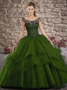 Fitting Tulle Off The Shoulder Sleeveless Brush Train Lace Up Lace and Ruffled Layers Quince Ball Gowns in Olive Green