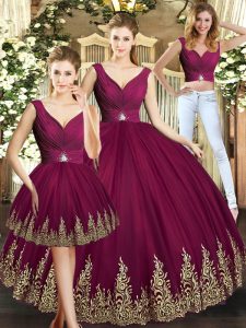 Traditional Burgundy Sleeveless Floor Length Beading and Appliques Backless Vestidos de Quinceanera