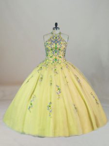 Yellow Quinceanera Gown Sweet 16 and Quinceanera with Appliques and Embroidery Halter Top Sleeveless Brush Train Lace Up