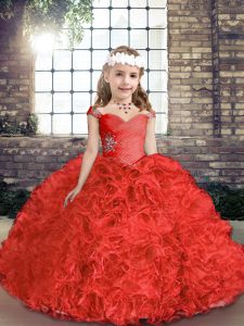 Red Ball Gowns Beading Kids Formal Wear Lace Up Organza and Fabric With Rolling Flowers Sleeveless Floor Length