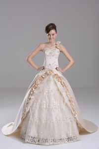 Pretty Champagne Satin Lace Up Sweet 16 Dress Sleeveless Brush Train Embroidery and Hand Made Flower