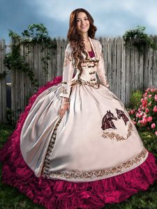 Suitable Hot Pink Satin Lace Up Quinceanera Gowns Sleeveless Floor Length Embroidery and Ruffles