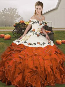 Graceful Off The Shoulder Sleeveless Lace Up Quinceanera Gown Rust Red Organza