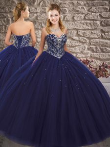 Designer Sweetheart Sleeveless Lace Up Sweet 16 Dresses Navy Blue Tulle