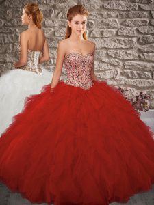 Red Sweetheart Neckline Beading and Ruffles Quinceanera Dress Sleeveless Lace Up