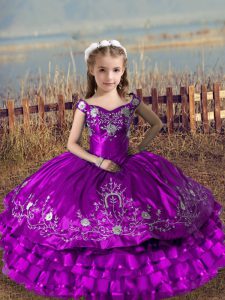 Embroidery and Ruffled Layers Custom Made Pageant Dress Purple Lace Up Sleeveless Floor Length