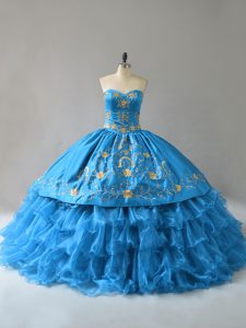 Blue Lace Up Sweetheart Embroidery and Ruffles Quinceanera Dresses Organza Sleeveless