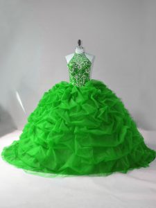 Lovely Halter Top Sleeveless Organza Sweet 16 Quinceanera Dress Beading and Pick Ups Court Train Lace Up