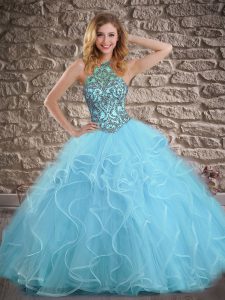 Chic Aqua Blue Ball Gowns Tulle Halter Top Sleeveless Beading and Ruffles Lace Up Ball Gown Prom Dress Brush Train