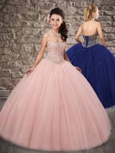 Popular Baby Pink Lace Up Sweetheart Beading Sweet 16 Quinceanera Dress Tulle Sleeveless