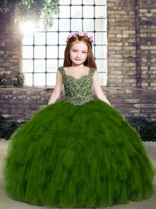 Olive Green Lace Up Kids Pageant Dress Beading and Ruffles Sleeveless Floor Length