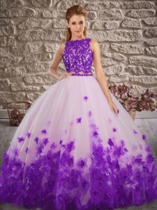 White And Purple Two Pieces Lace and Appliques Quinceanera Dress Backless Tulle Sleeveless Floor Length