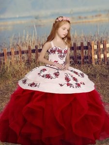 Wine Red Straps Lace Up Embroidery and Ruffles Winning Pageant Gowns Sleeveless