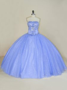 Charming Lavender Tulle Lace Up Strapless Sleeveless Floor Length Quinceanera Gowns Beading and Sequins