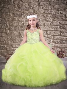 Straps Sleeveless Kids Formal Wear Sweep Train Beading and Ruffles Yellow Green Tulle