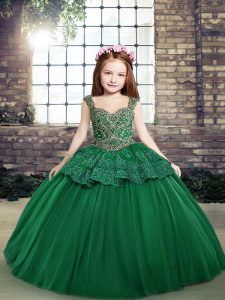 Dark Green Straps Neckline Beading and Lace Little Girl Pageant Dress Sleeveless Lace Up