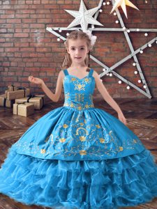 Baby Blue Straps Neckline Embroidery and Ruffled Layers Pageant Dress for Teens Sleeveless Lace Up