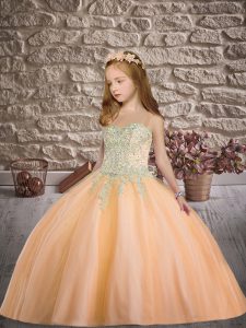 Latest Peach Straps Neckline Beading and Appliques Little Girls Pageant Gowns Sleeveless Lace Up
