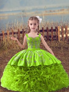 Classical Fabric With Rolling Flowers Straps Sleeveless Sweep Train Lace Up Embroidery Kids Pageant Dress in Yellow Gree