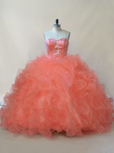 Noble Ball Gowns Quinceanera Dresses Orange Sweetheart Organza and Tulle Sleeveless Floor Length Lace Up