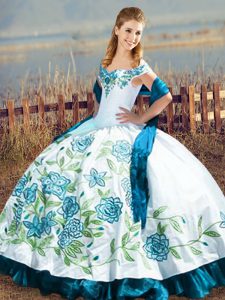 Blue And White Off The Shoulder Neckline Embroidery and Ruffles Quinceanera Gowns Sleeveless Lace Up