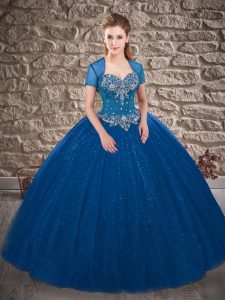 Blue Sleeveless Tulle Brush Train Lace Up 15th Birthday Dress for Military Ball and Sweet 16 and Quinceanera