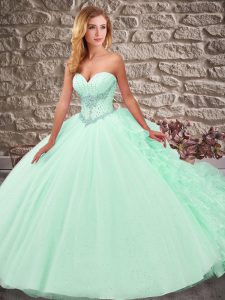 Wonderful Sleeveless Organza and Tulle Court Train Lace Up 15 Quinceanera Dress in Apple Green with Beading and Ruffles