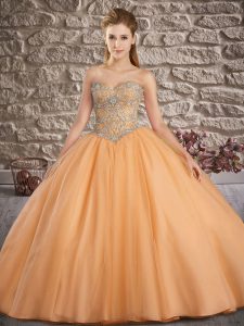 High Class Peach Tulle Lace Up Sweetheart Sleeveless Sweet 16 Quinceanera Dress Brush Train Beading