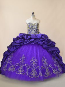 Sleeveless Embroidery and Pick Ups Lace Up Sweet 16 Dress with Purple Brush Train