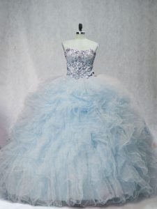 Custom Design Light Blue Lace Up Sweetheart Beading and Ruffles Ball Gown Prom Dress Tulle Sleeveless Brush Train