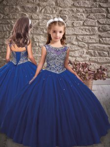 Hot Selling Sleeveless Floor Length Beading Lace Up Child Pageant Dress with Royal Blue