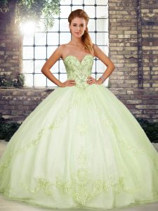 Modest Tulle Sleeveless Floor Length Quinceanera Gown and Beading and Embroidery
