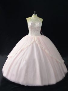 Sleeveless Floor Length Beading and Appliques Lace Up Quince Ball Gowns with Pink