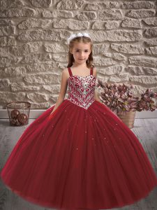 Wine Red Straps Neckline Beading Pageant Gowns Sleeveless Lace Up