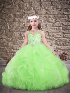 Sleeveless Sweep Train Beading and Ruffles Lace Up Little Girl Pageant Dress