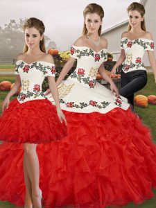 Floor Length Three Pieces Sleeveless White And Red Vestidos de Quinceanera Lace Up