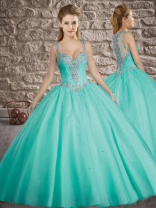 Great Apple Green Sleeveless Tulle Brush Train Zipper Sweet 16 Dress for Military Ball and Sweet 16 and Quinceanera