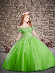 Short Sleeves Brush Train Lace Up Appliques Little Girls Pageant Gowns